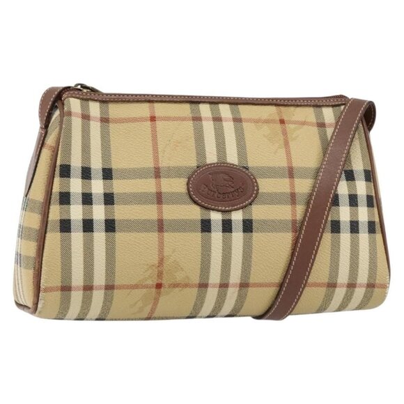Authentic Burberrys Nova Check Shoulder Bag PVC Beige Gold